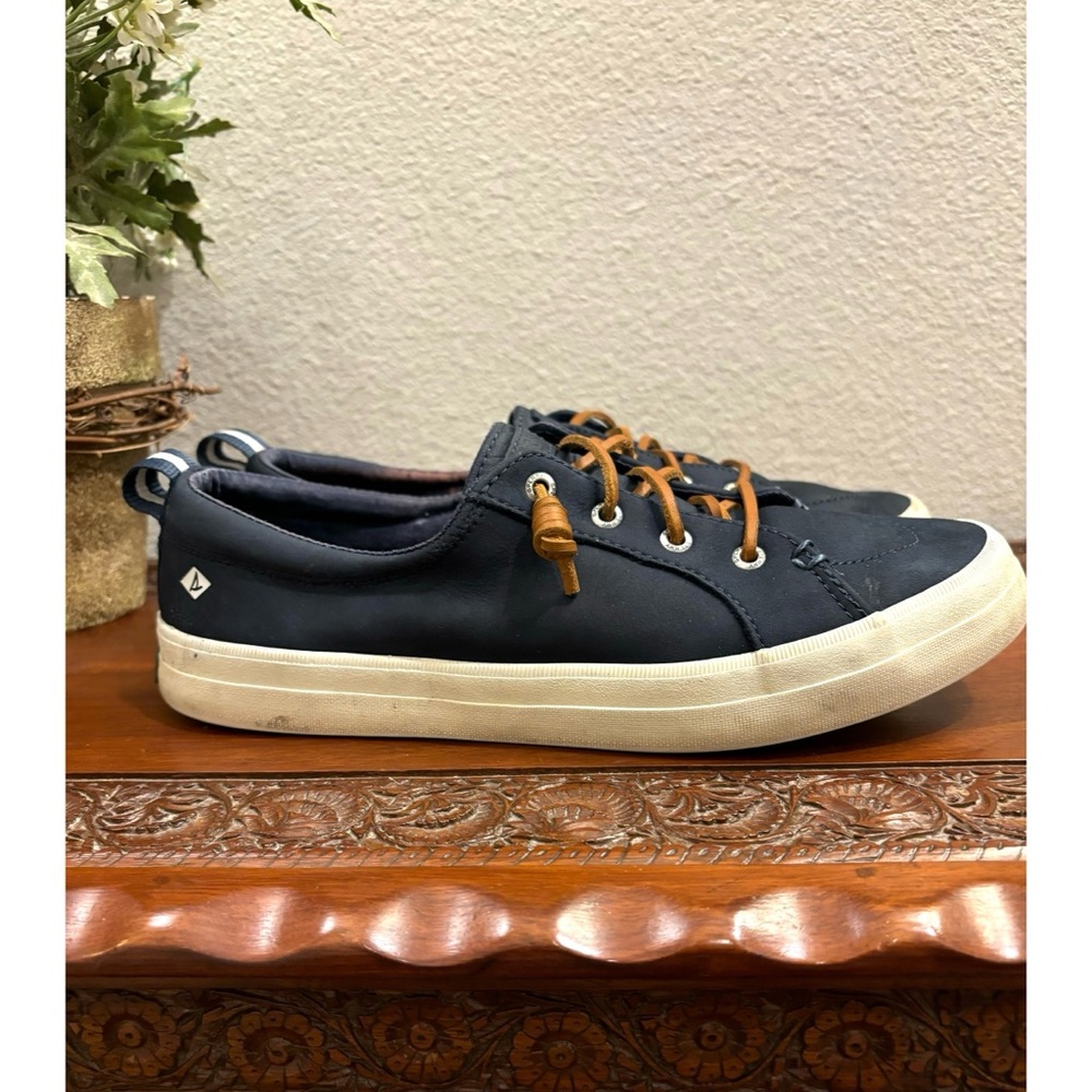 🔆 SPERRY WOMEN 9 PIER WAVE LTT SLIP ON SNEAKER NAVY BLUE LEATHER NAUTICAL LACES